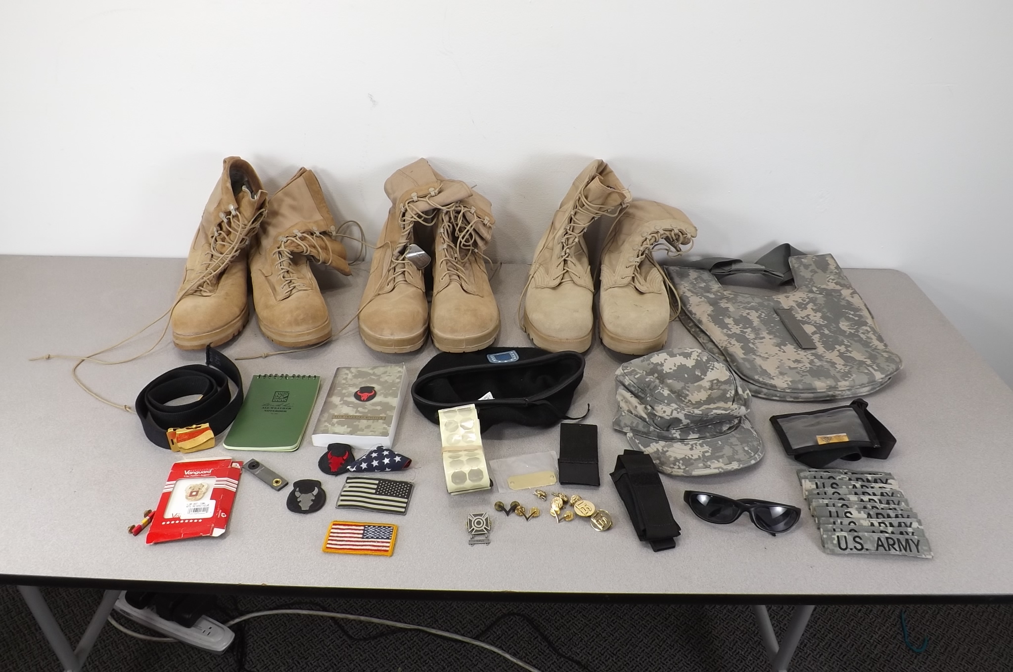 Large Lot of Modern Military Items, DAPS Bullet Proof Vest, Combat Boots, Medals, etc.