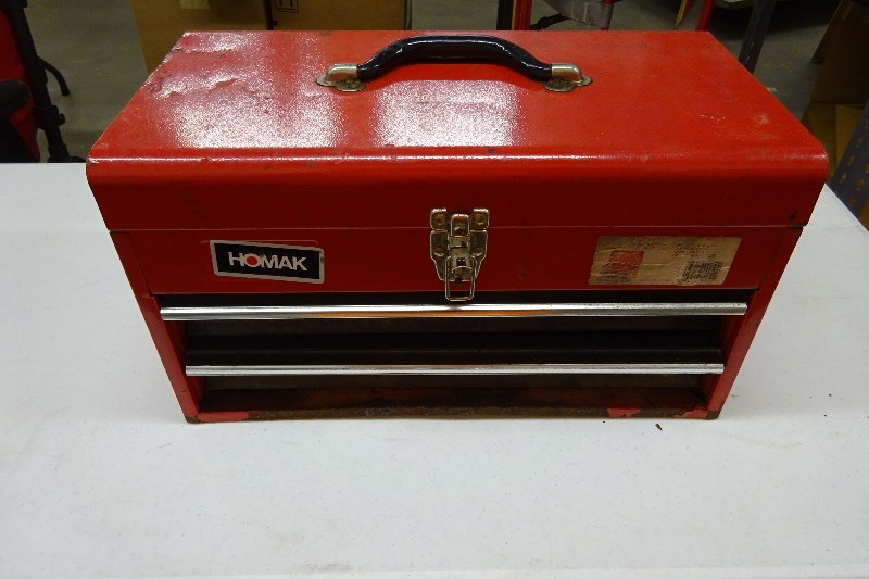 Metal tool box with variety of tools