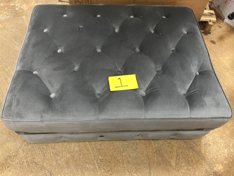 lot 1 image: Gordon Tufted Ottoman 19Hx41W Grey Velvet New