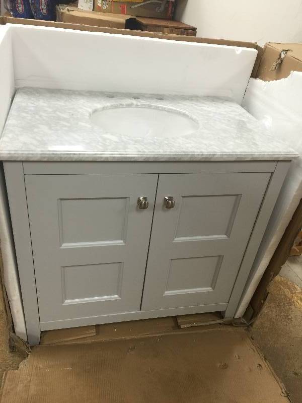 lot 8 image: Union Square 36 in. W Vanity in White with Marble Vanity Top in Grey and White with White Basin New