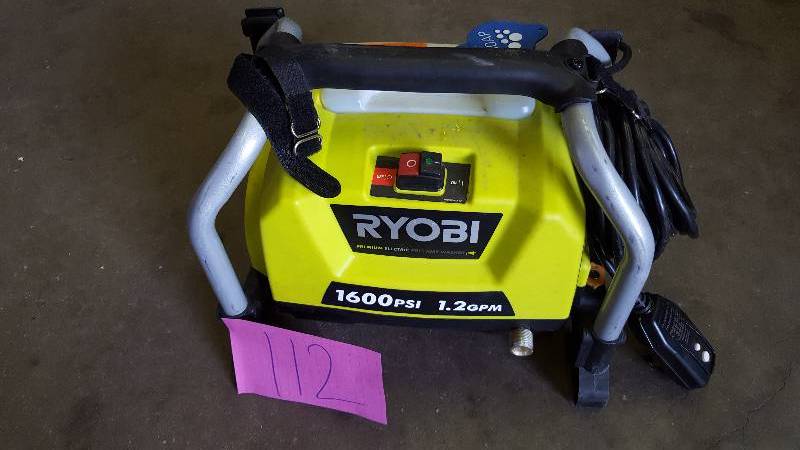 lot 112 image: Ryobi 1600 PSI 1.2-GPM Electric Pressure Washer missing wand and preassure hose