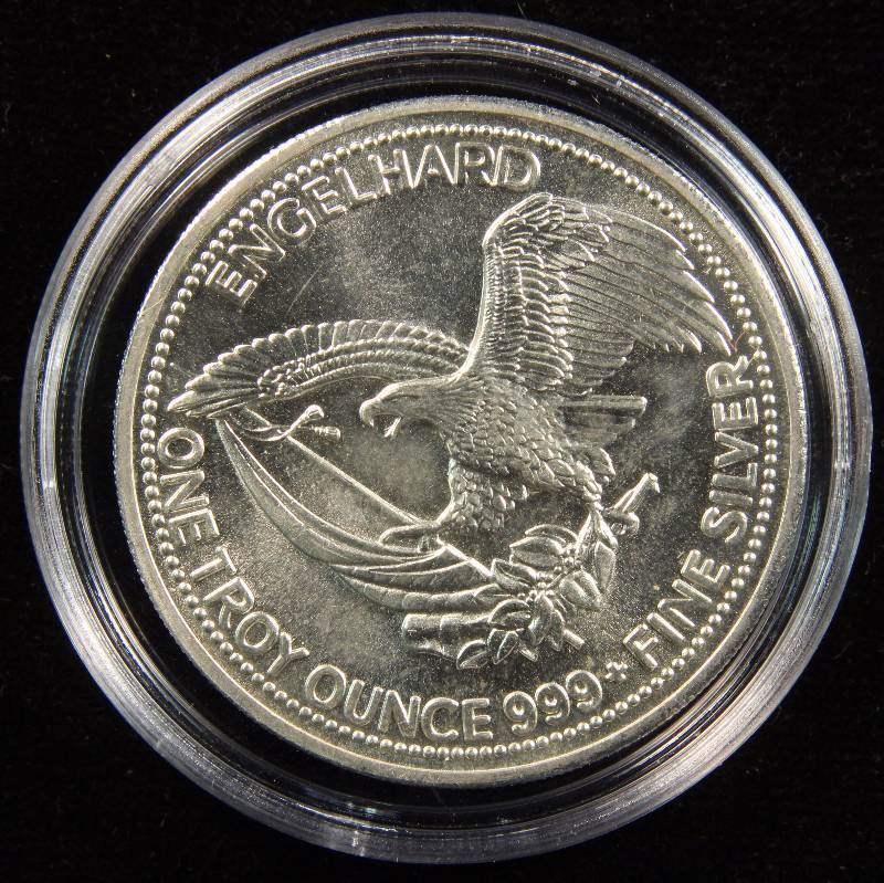 1 TROY OZ. .999 FINE SILVER ROUND 1985 ENGELHARD THE AMERICAN PROSPECTOR IN AIRTITE HOLDER