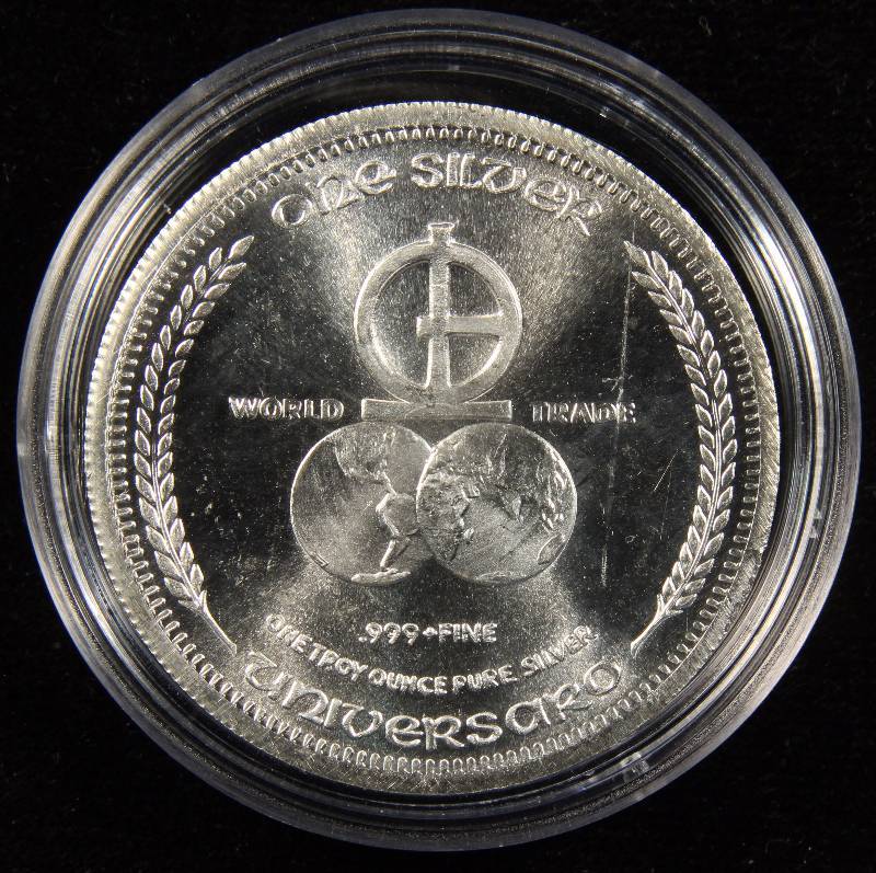 1 TROY OZ. .999 FINE SILVER 1972 UNIVERSARO WORLD TRADE UNIT IN AIRTITE HOLDER