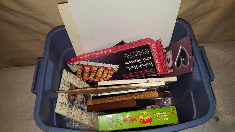 lot 65 image: Tote of Pic. Frames, Apples to Apples Jr. Game, Kabob RackSkewers