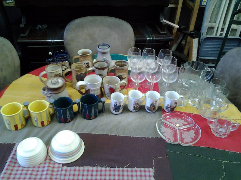 Large Lot Of Glassware, Mugs, From Menards & Norman Rockwell, Pottery From Renaissance Festival, More