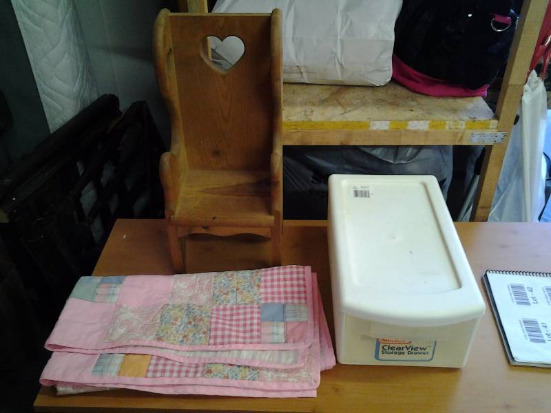Patchwork Baby Comforter, Wood Childs Chair, Organizer