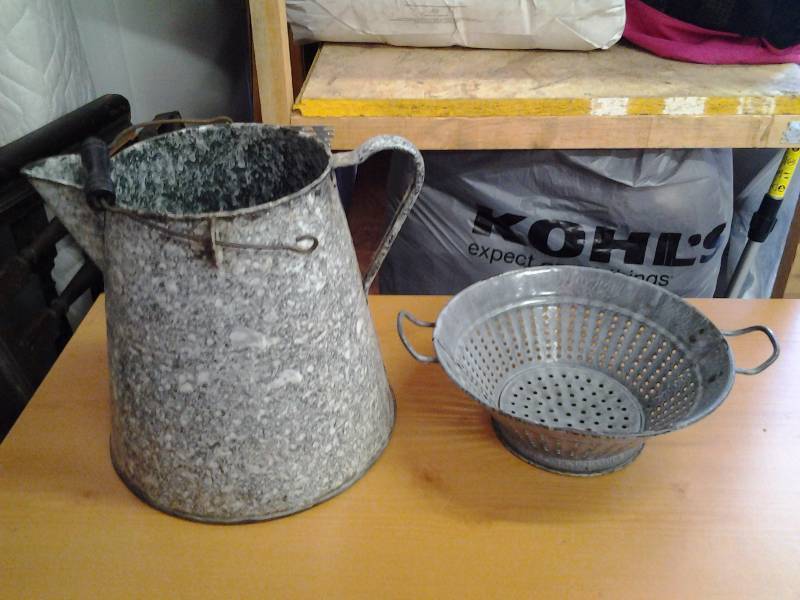 Vintage Enamel Coffee Kettle No Lid, Vintage Enamel StrainerCollander