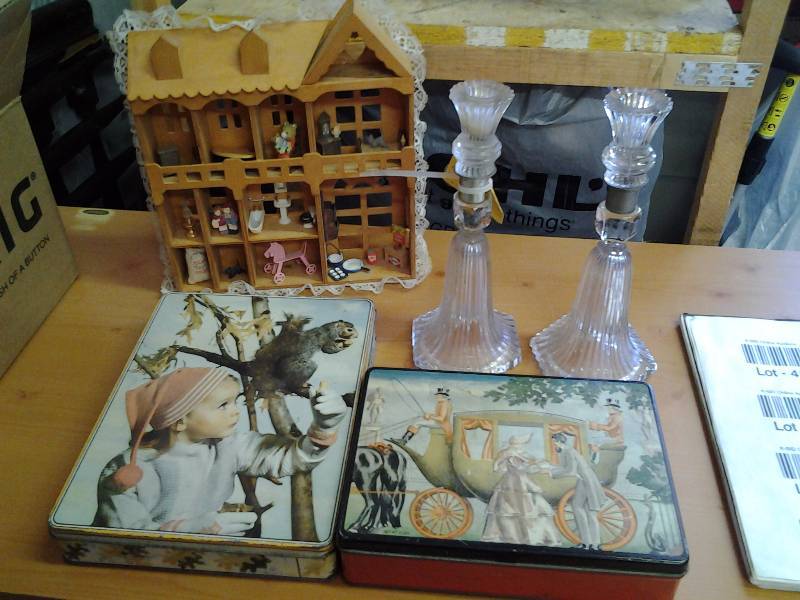 2-Vintage Cookie Tins, Pair Old Candle Stix, Miniature Shadow Box