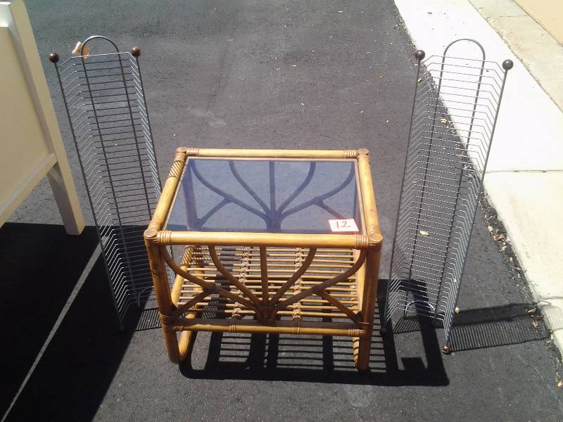 lot 12 image: Rattan Table With Glass Top 24x18x22 & 2 DVD Media Storage Towers