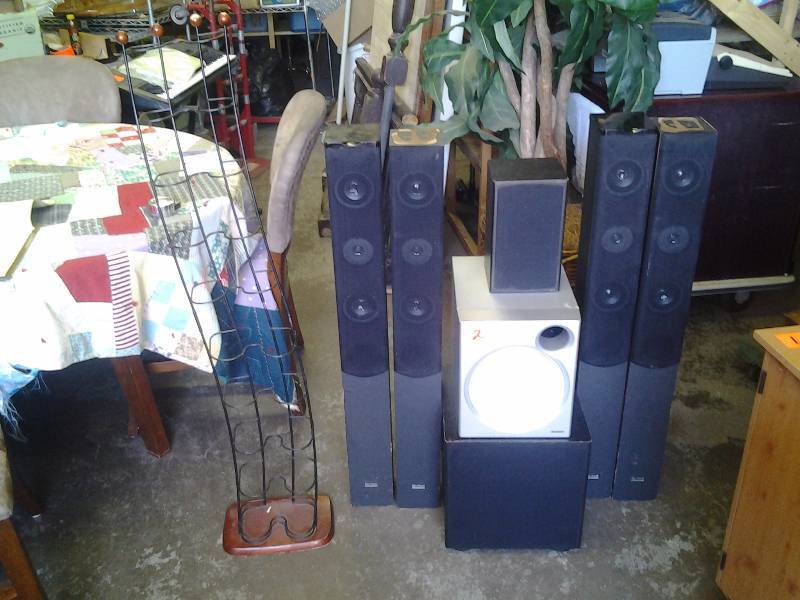 lot 2 image: Triad Thunder Power Subwoofer & Speaker, 4-Epic Sound Tower Speakers (2 Missing Top Plates), 1-Sony Subwoofer, Tall Media Storage Tower