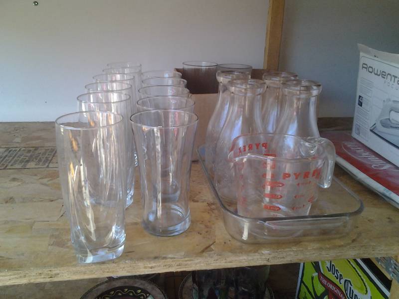 lot 20 image: Glassware-2-Pyrex Casseroles,Tumblers, Bottles, Measure