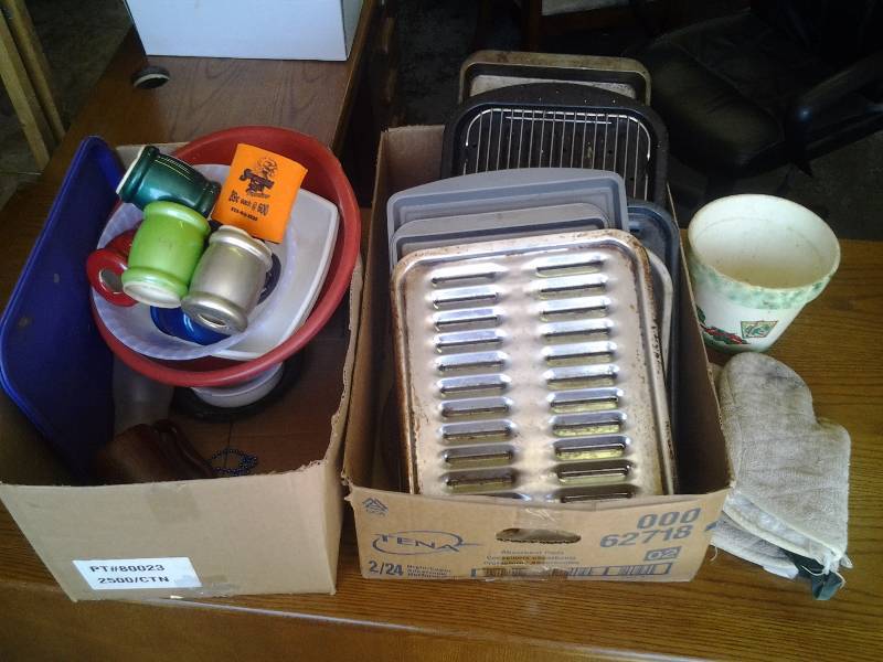 lot 31 image: 2-Box Lots Of Bakeware, Can Coozies, Cooling Racks, Hot Mitts