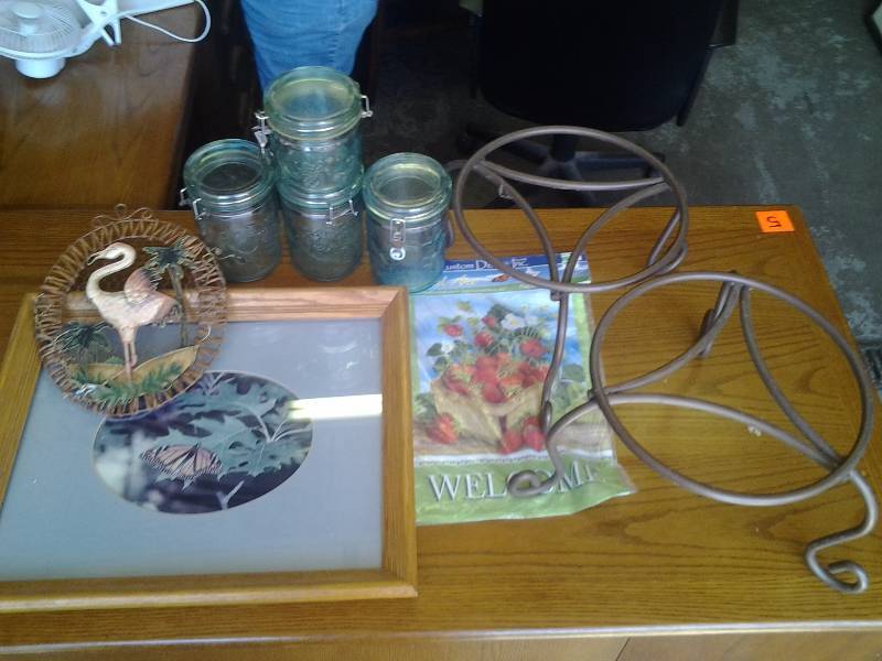 lot 32 image: Framed Butterfly Picture, 2-Heavy Metal Plant Stands, Garden Flag