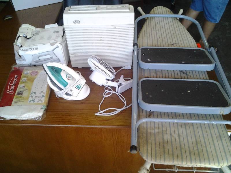 lot 33 image: Oreck & Rowenta Irons, Ironing Board, Step Stool, 2-Fans, Pierre Cardin Luggage On Wheels