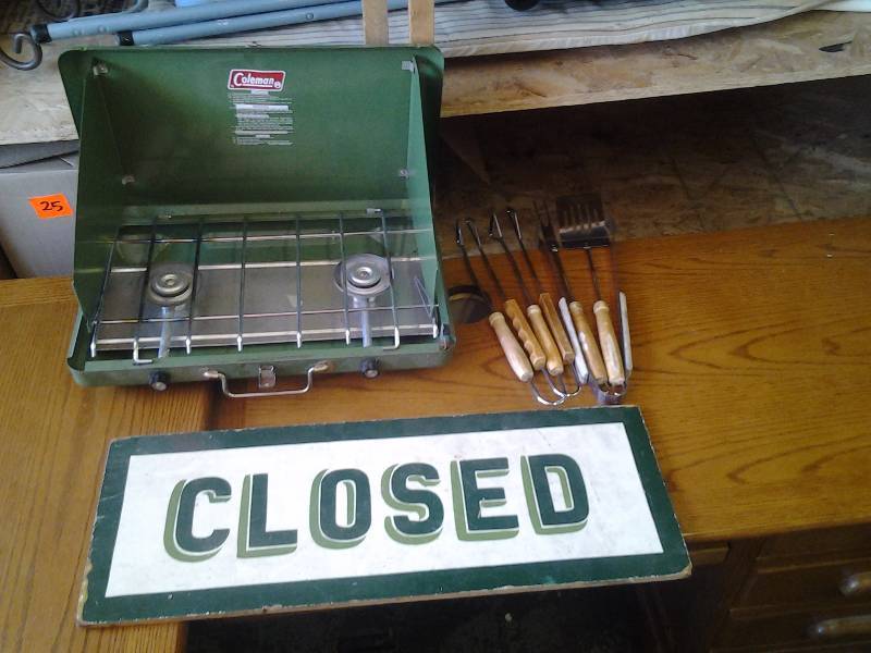 lot 38 image: Coleman Camp Stove, BBQ Tools, Closed Sign