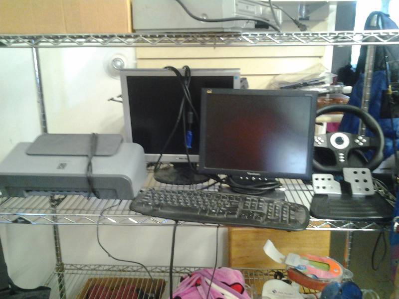 lot 46 image: Canon Pixma Printer, 2-Monitors, 1-Keyboard, Pelican Racing Wheel-Cobra TT
