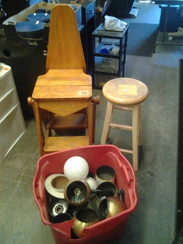lot 48 image: Unique Step Stool, Chair, Ironing Board, Swivel Top Stool, Tub Of Assorted Light Fixtures