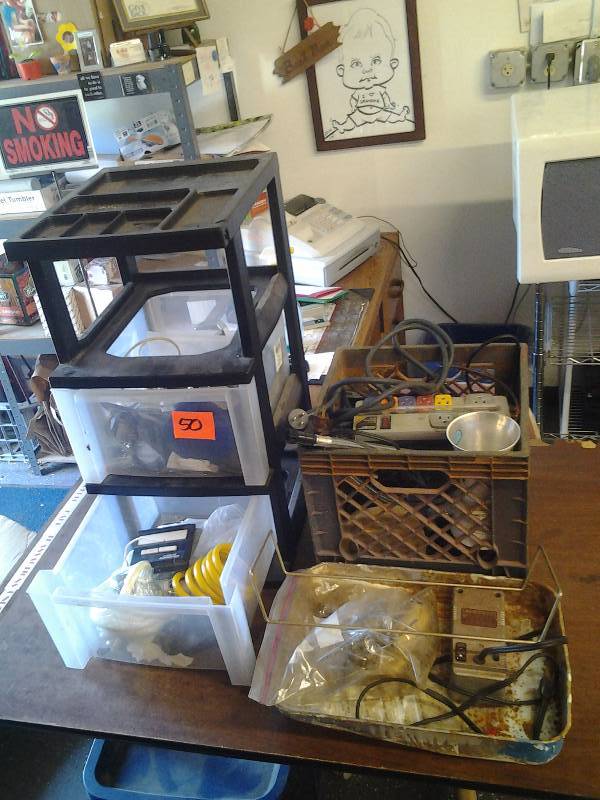 lot 50 image: Organizer & Crate Of Misc, Monster Outlet, Extension Cords, Rotisserie Set Up & More