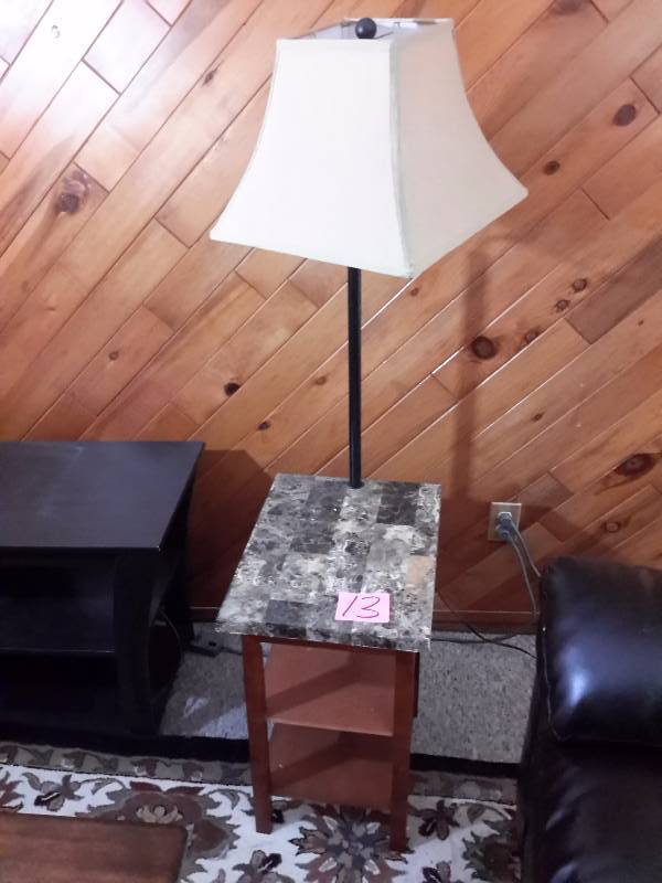 lot 13 image: Nice Table Lamp.. Simulated Granite top.. Nice shade and in nice shape