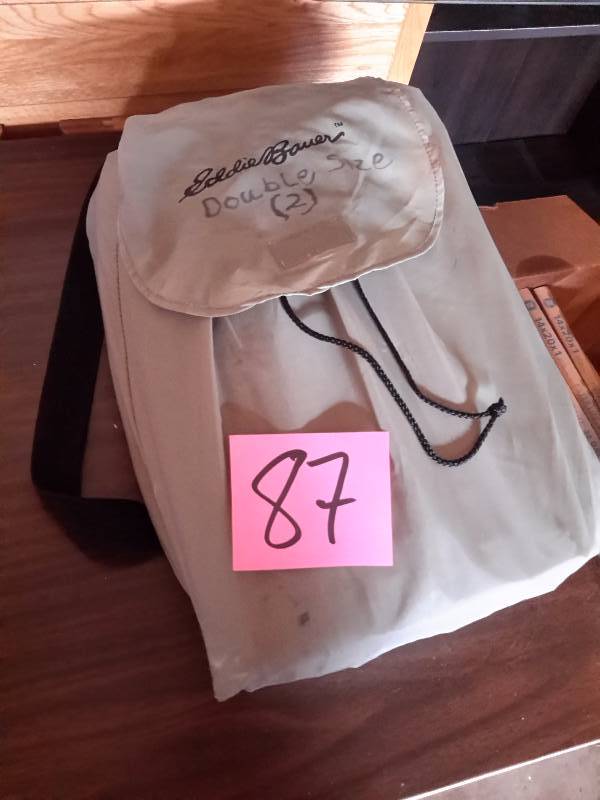 lot 87 image: Double Size Air Mattress with built in pump.. No batteries so couldnt check for leaks, but even if there was a leak you can repair it.. Seems everything here was well taken care of so im sure it is fine