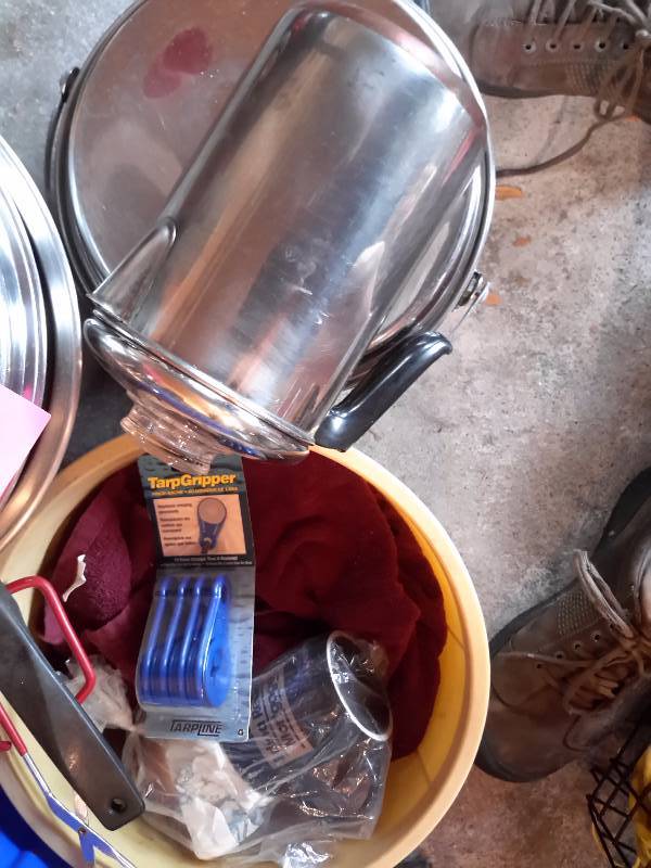 lot 89 image: Large lot of Camping Dishes, pots and pans.. All very nice.. Mostly aluminum and stainless teel.. See pictures for what is included
