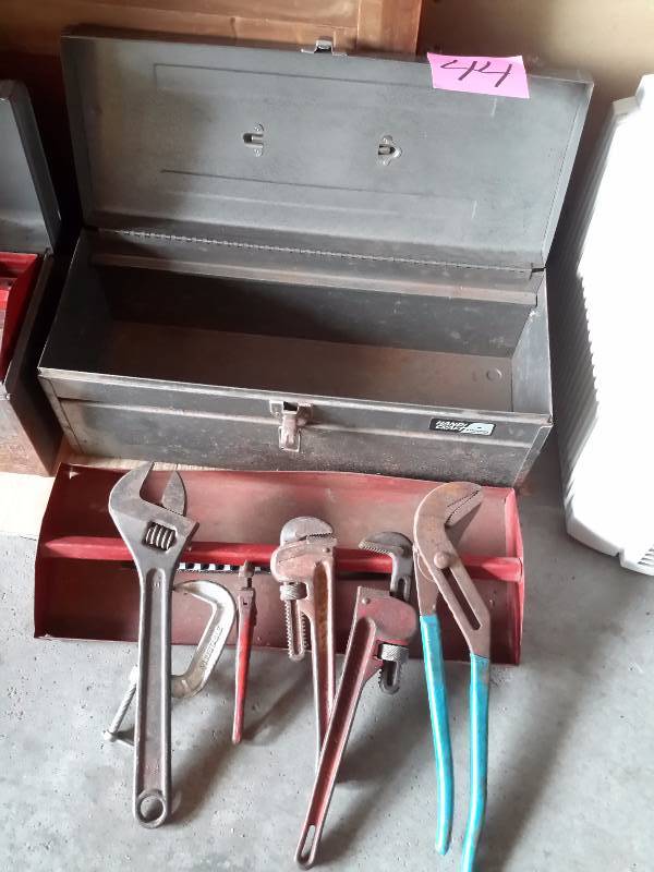 lot 44 image: Tool Box, plus Pipe Wrenches and Crescent Wrench and Water Pipe Wrench.