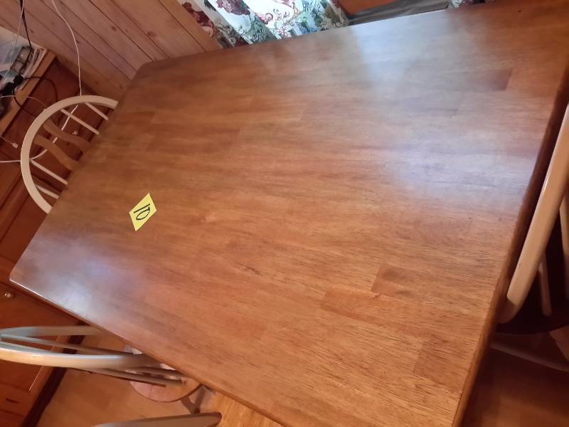 lot 10 image: Nice Butcherblock top kitchen table with solid wood legs and 4 NICE SOLID chairs with Matching butcherblock seats.. Dim 36in x 60 in.