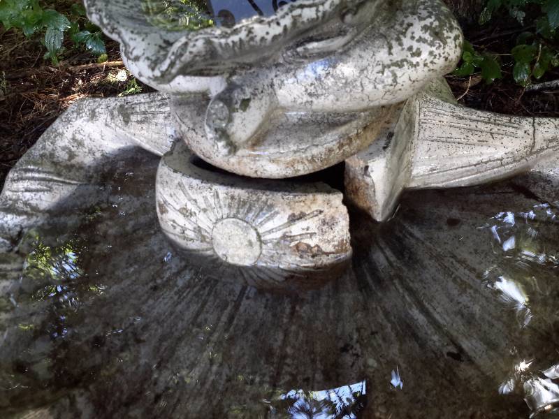 lot 16 image: Child Cement StatueFountain.. Has some broken pieces that could be fit in and secured..Add your pump to this one.. Water pours from top shell to bottom and into your pond.  Approx 24in h.