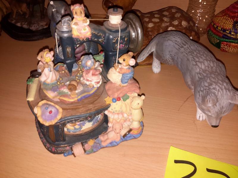lot 37 image: Misc. statuettes, plus sewing machine music box.. Weve Only Just Begun