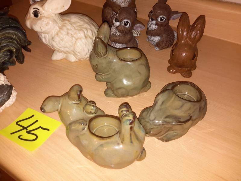 lot 45 image: Misc. Rabbit and Chicken Statuettes as pictured. .See water bottle for size perspective
