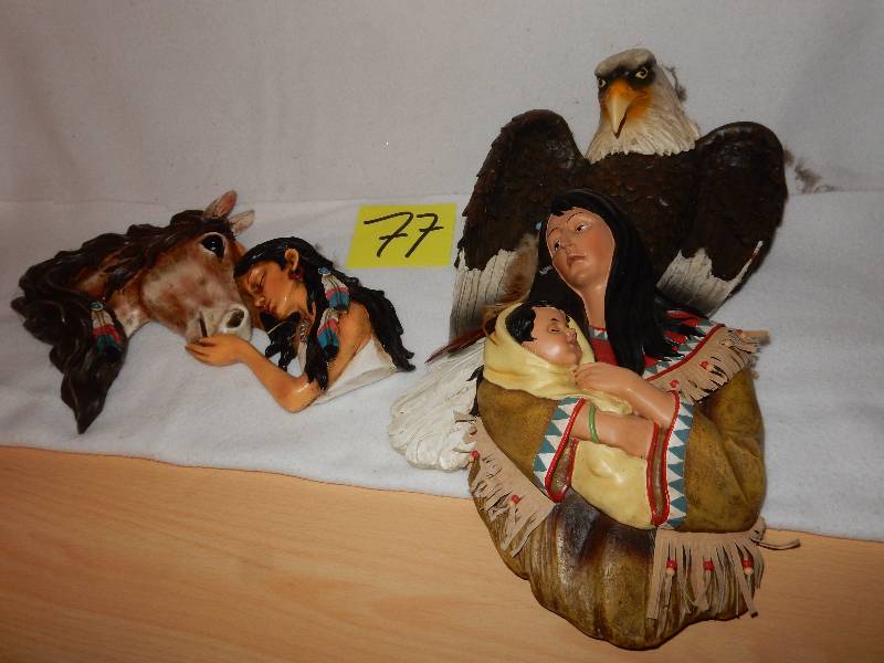 lot 77 image: Plaster Cast Native American Theme wall hangings.    See water bottle for size perspective