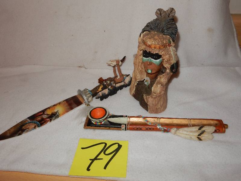lot 79 image: Plaster cast peace pipe, Knife and statue as pictured. VERY NICE. See water bottle for size perspective