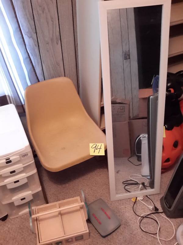 lot 94 image: Mid Mod Side chair.  Wall mirror,  wood carrying caddy, sewing items