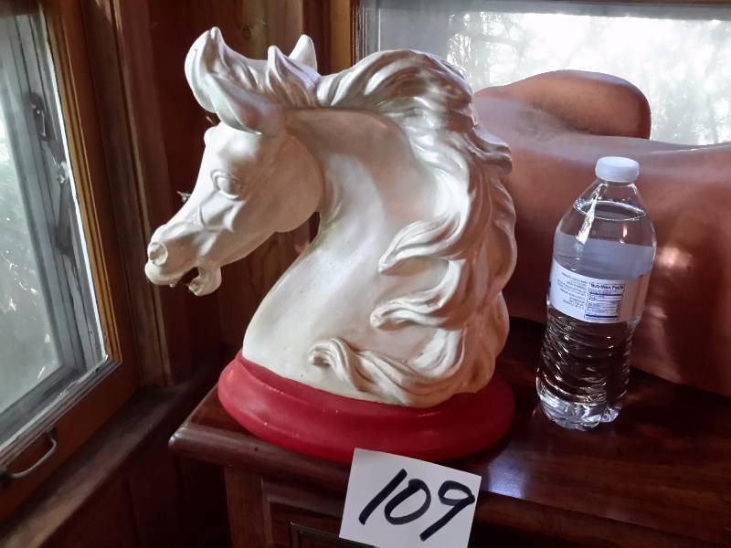 lot 109 image: Nice plaster cast Horse theme, Bust.. See water bottle for size perspective