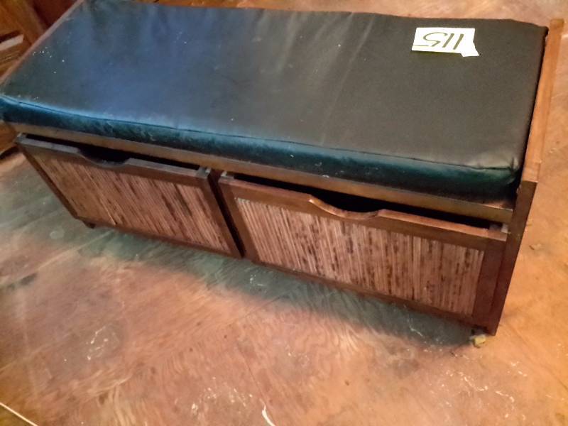 lot 115 image: Wood Bench with Naugahyde seat and caned front drawers.
