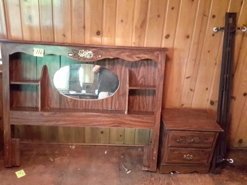 lot 116 image: Mid Mod, Queen size headboard, night stand and metal bed frame.