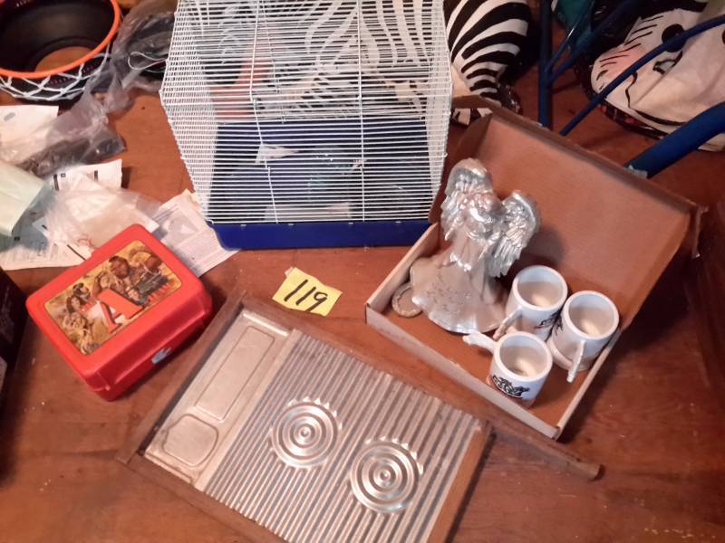 lot 119 image: Bird Cage, Lunch box, Washboard, ups and Angel Statue..