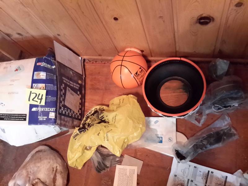 lot 124 image: NBA Theme Ceiling Fan.. Box open, but looks like all the parts are there..