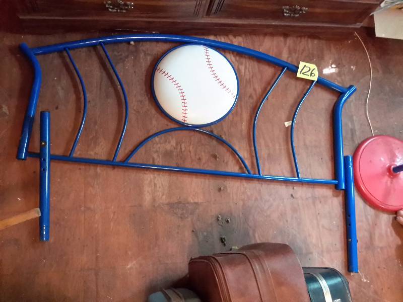 lot 126 image: Metal BASEBALL theme single bed head board.. You must reattach the baseball, but shouldnt be a bid deal.