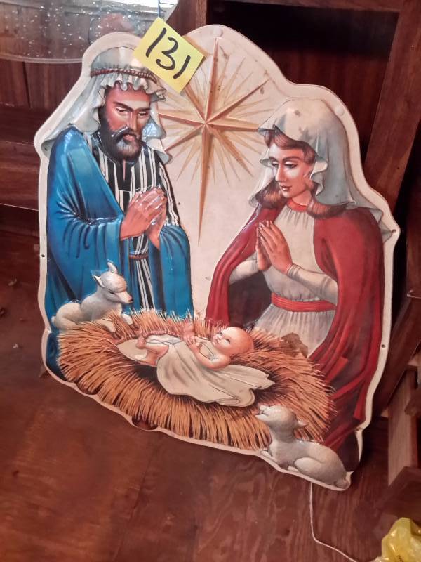 lot 131 image: Plastic manger Scene.. Lighted.. Tested and works as shown.  Approx.  36in h x 36in w