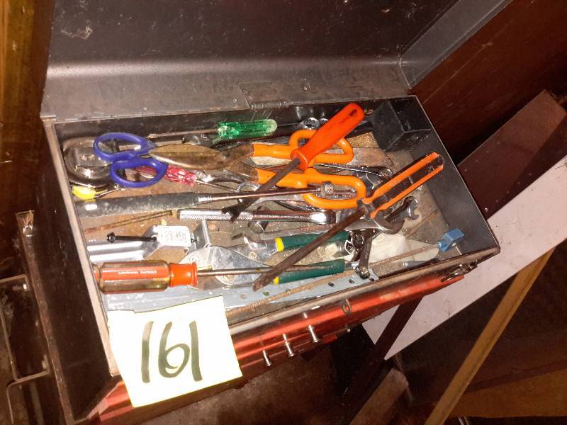 lot 161 image: 2 level tool box as pictured, plus all the tools as shown.  Approx 18 in w x 12in d x 36in h.  Good shape
