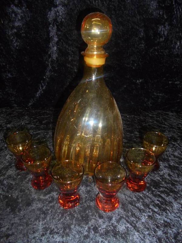 Amber Glass Decanter & Shop Glasses