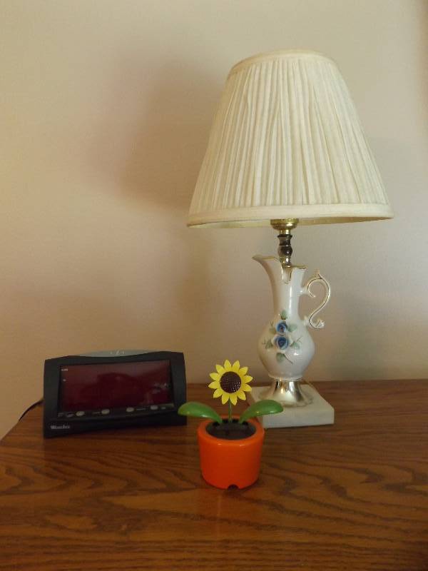 Lamp, Clock, and Flower