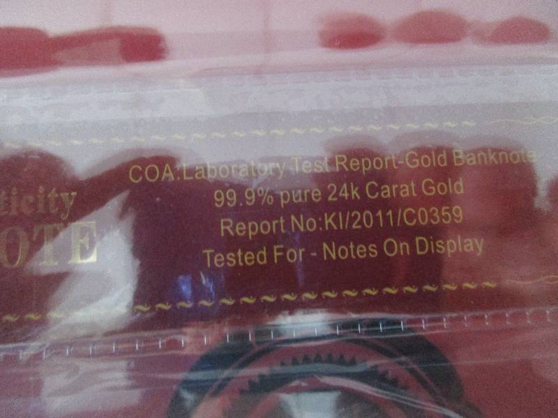 $100 24K Carat 99.9% Pure Gold Banknote- with attached COA