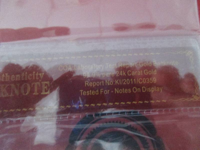 $100 24K Carat 99.9% Pure Gold Banknote- with attached COA