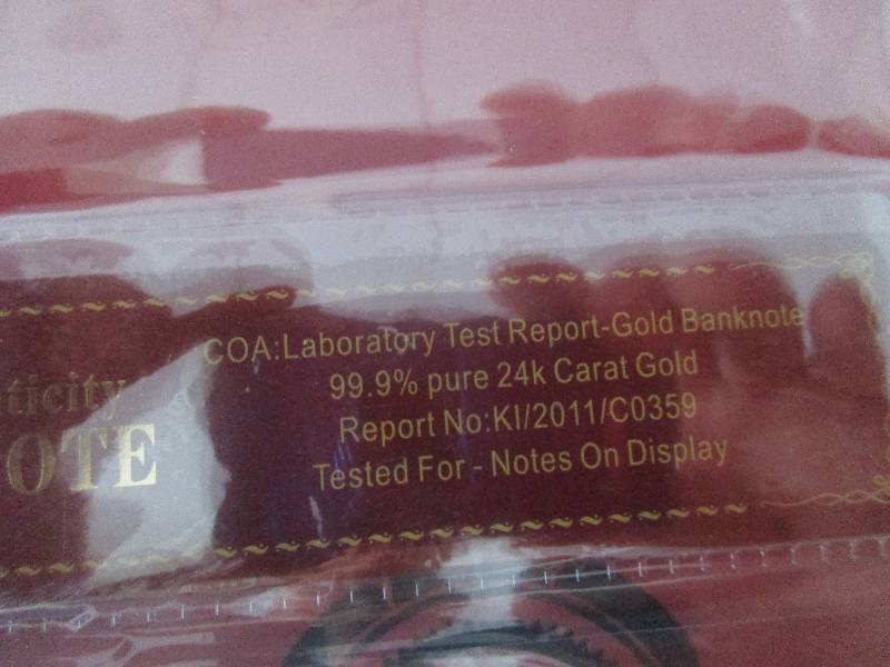 $100 24K Carat 99.9% Pure Gold Banknote- with attached COA