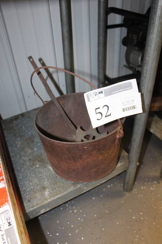 lot 52 image: Vintage Cast Iron Cooking Pot with Ladle