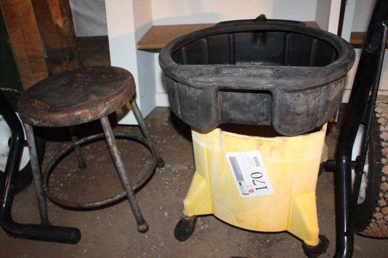 lot 170 image: Lot of (3) Including 1) Stool AND 1) Oil Catch Pan AND 1) Floor Mop Bucket