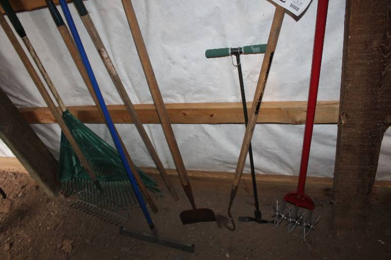 lot 182 image: Lot of (9) Yard Tools Including Rakes, Hoes, Aerator, Squeegee, And More