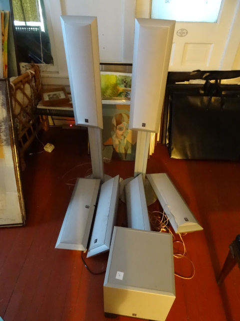 lot 76 image: 6 Yamaha Speaks. 3 Have Wall Mounts. 2 Have Floor Stands. One Just Sits on Floor. Yamaha YST-5W030 Powered Sub Woofer